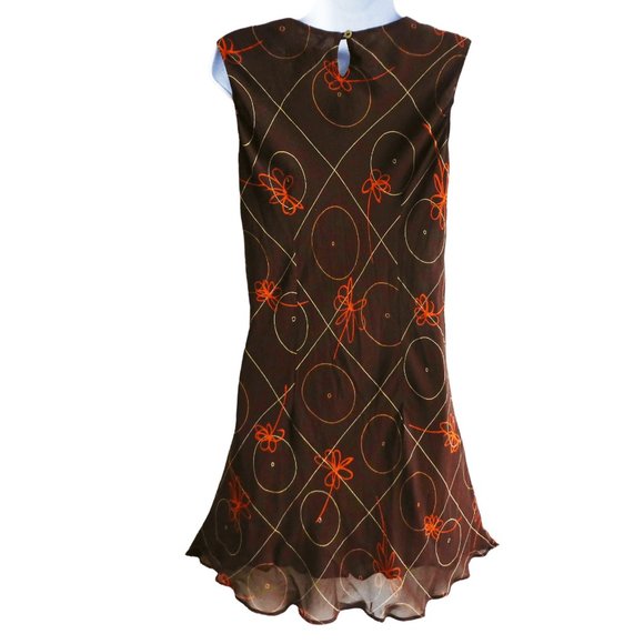 Vintage 90s Dress Geo Floral Brown Orange Lined Tessuto Keyhole Button Back USA - Picture 2 of 8